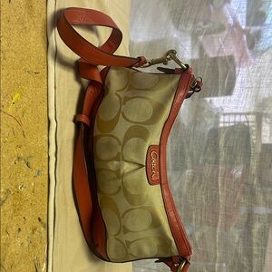 Coach Park Signature Duffle Shoulder Bag Khaki and Orange/Salmon